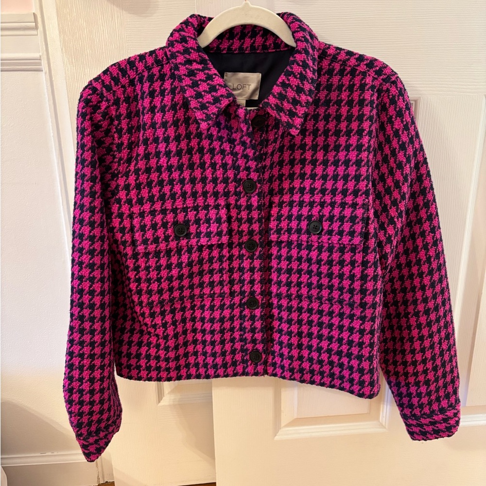 LOFT Hot Pink and Navy Blue Houndstooth Cropped Jacket